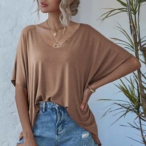 Camel V neck Classic Dolman Sleeve Oversized Top